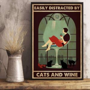 Book Girl Cats And Wine Vintage Poster, Cat Vintage Poster, Cat Lovers Wall Art, Cat Mom Dad Gift
