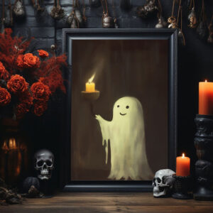 Cute Ghost And Candle Poster, Vintage Poster, Cute Ghost Poster, Haunting Ghost, Halloween Decor, Dark Academia, Room Decor - Best gifts your whole family