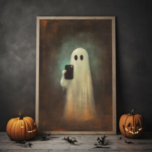 Cute Ghost Holding Smart Phone Print Poster, Halloween Poster, Cowboy Poster Print, Dark Academia, Halloween Decor, Cute Ghost Poster,Vintage Photography
