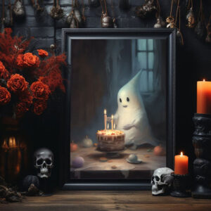 Cute Ghost In A Birthday Party Alone, Ghost Print, Ghost Poster, Spooky Art, Dark Academia, Haunting Ghost, Halloween Decor - Best gifts your whole family