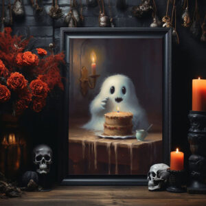 Cute Ghost With A Cake Poster, Ghost Print, Ghost Poster, Spooky Art, Dark Academia, Haunting Ghost, Halloween Decor - Best gifts your whole family