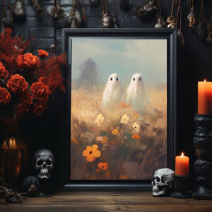 Cute Ghosts In Colorful Flowers Poster, Ghosts Art Print, Halloween Art Print, Halloween Decor, Spooky Vintage Halloween, Dark Academia, Halloween Gift - Best gifts your whole...