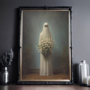 Ghost Holding Flowers, Ghost Portrait Digital Print, Vintage Poster, Art Poster Print, Dark Academia, Haunting Ghost, Halloween Decor - Best gifts your whole family